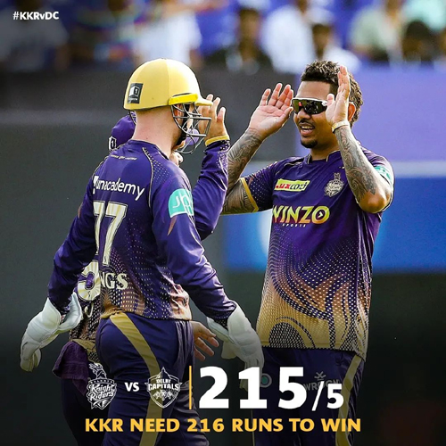 DC gave target of 216 runs to KKR दिल्ली कैपिटल्स ने कोलकाता के सामने रखा 216 रनों का लक्ष्य