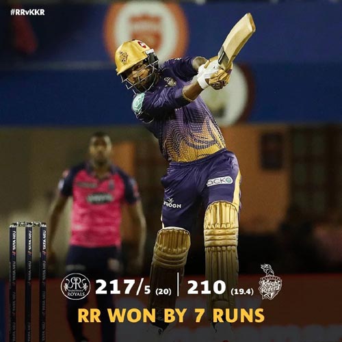 RR Win the Match By 7 Runs राजस्थान ने कोलकाता को 7 रनों से हराकर मैच को अपने नाम किया